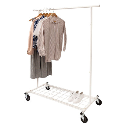 Standard Matte White Metal Clothes Rack With Removable Bottom Panel -100kgs Weight Capacity - Heavy Duty Large Rubber Casters - Hangersforless