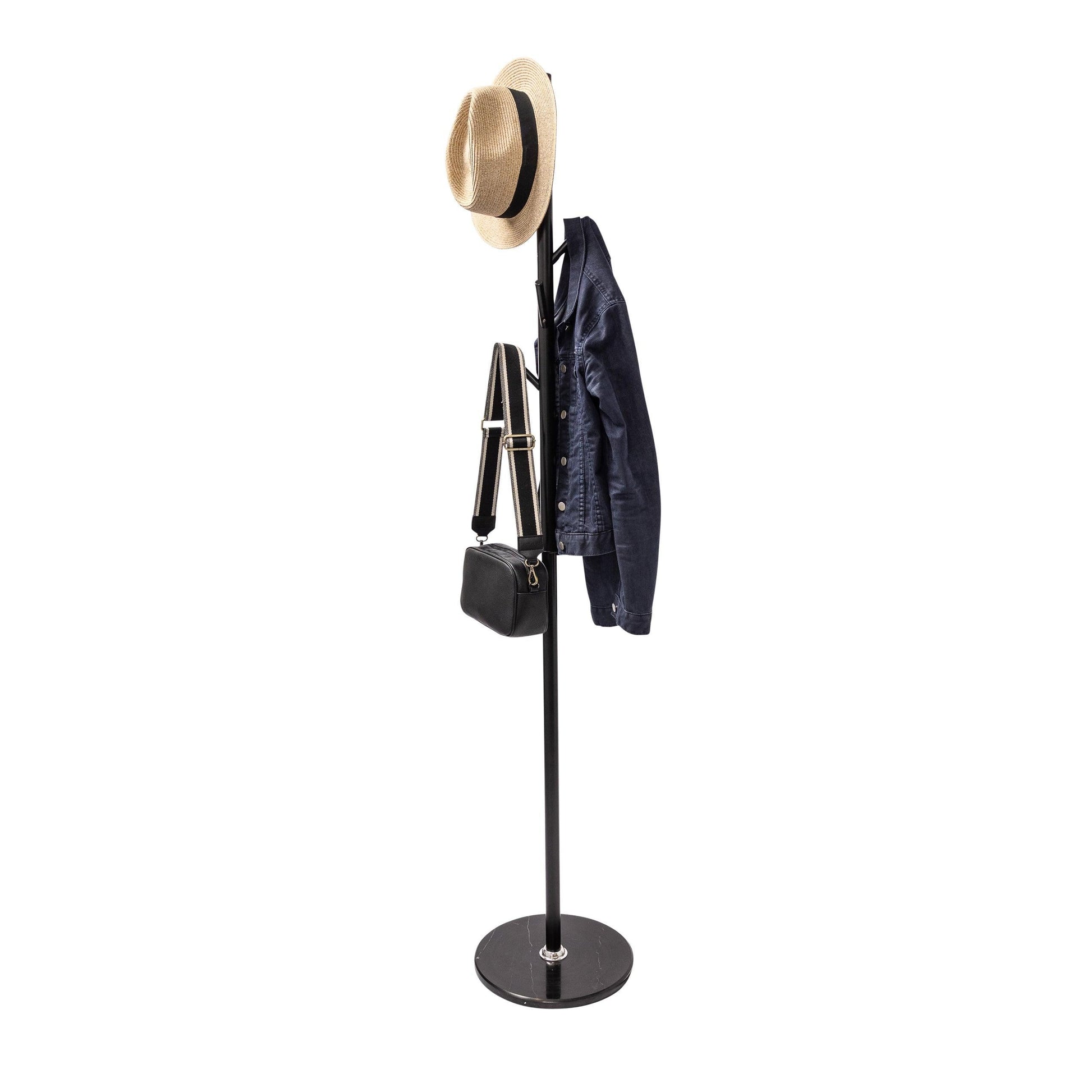 Metal Coat Rack Stand Matte Black With Heavy Duty Metal Pole & 8 Aluminium Pegs - Solid Heavy Marble Base - Hangersforless