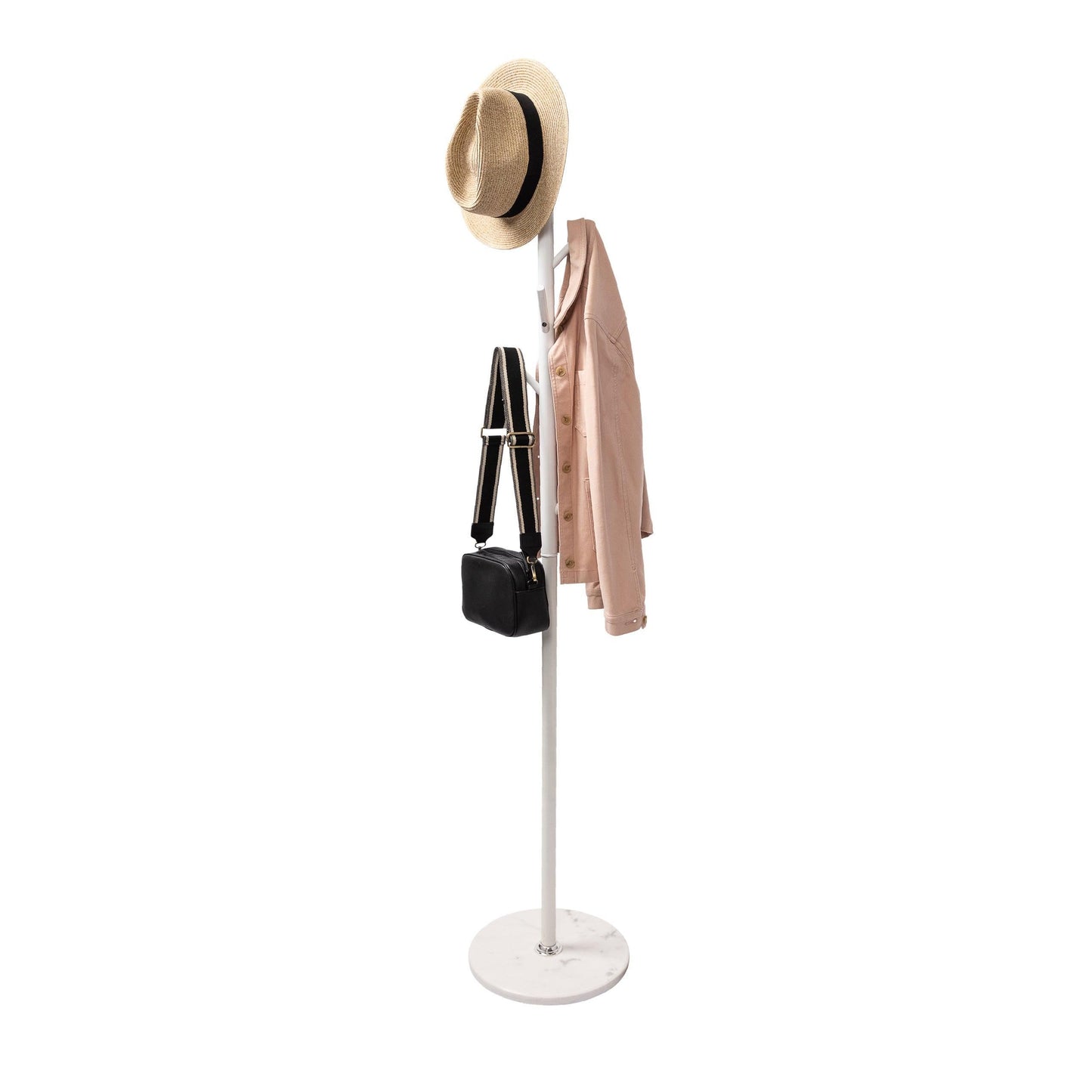 Metal Coat Rack Stand Matte White With Heavy Duty Metal Pole & 8 Aluminium Pegs - Solid Heavy Marble Base - Hangersforless