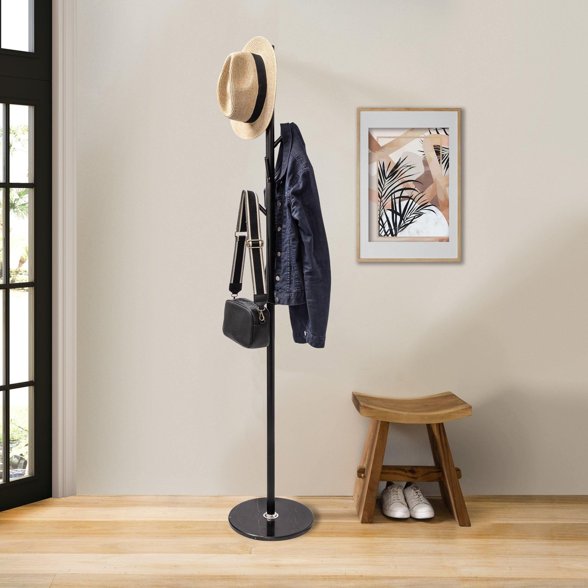 Metal Coat Rack Stand Matte Black With Heavy Duty Metal Pole & 8 Aluminium Pegs - Solid Heavy Marble Base - Hangersforless