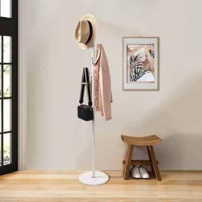 Metal Coat Rack Stand Matte White With Heavy Duty Metal Pole & 8 Aluminium Pegs - Solid Heavy Marble Base - Hangersforless
