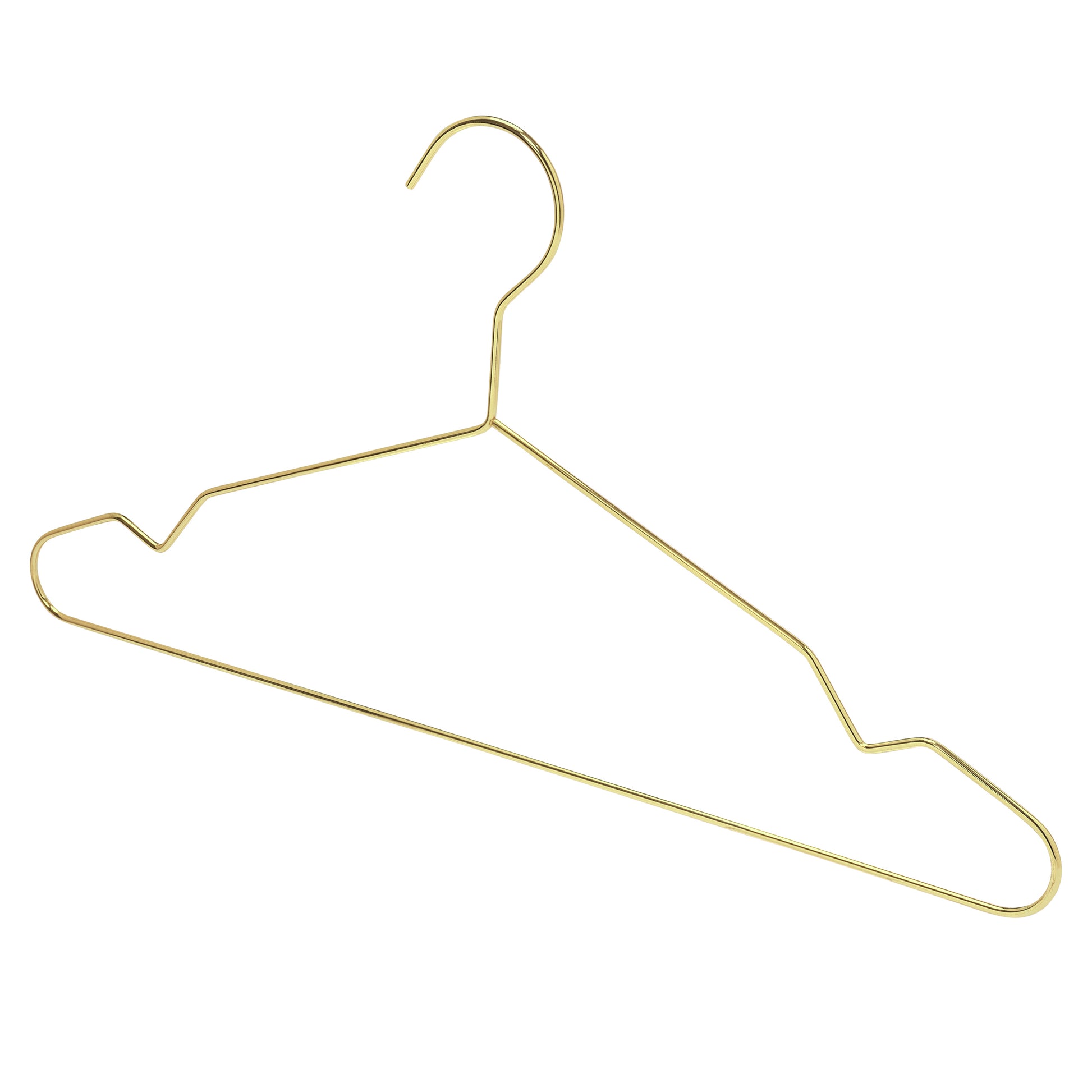 Gold metal clothes hanger with notches for straps, sleek minimalist design for clothing storage