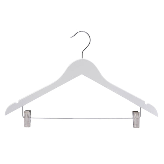 White Wood Combination Hanger W/Clips - 43cm X 12mm Thick (Sold in 25/50/100) - Hangersforless