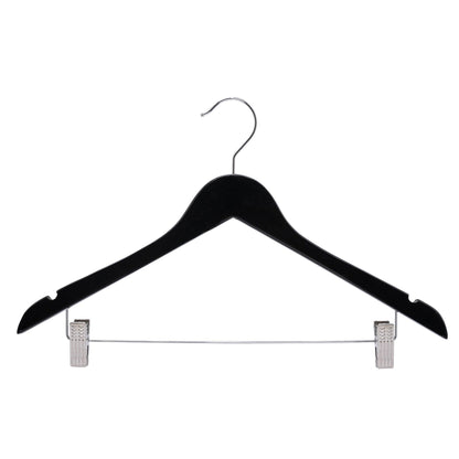 Black Wood Combination Hangers With Clips - 43cm X 12mm Thick (Sold in 25/50/100) - Hangersforless