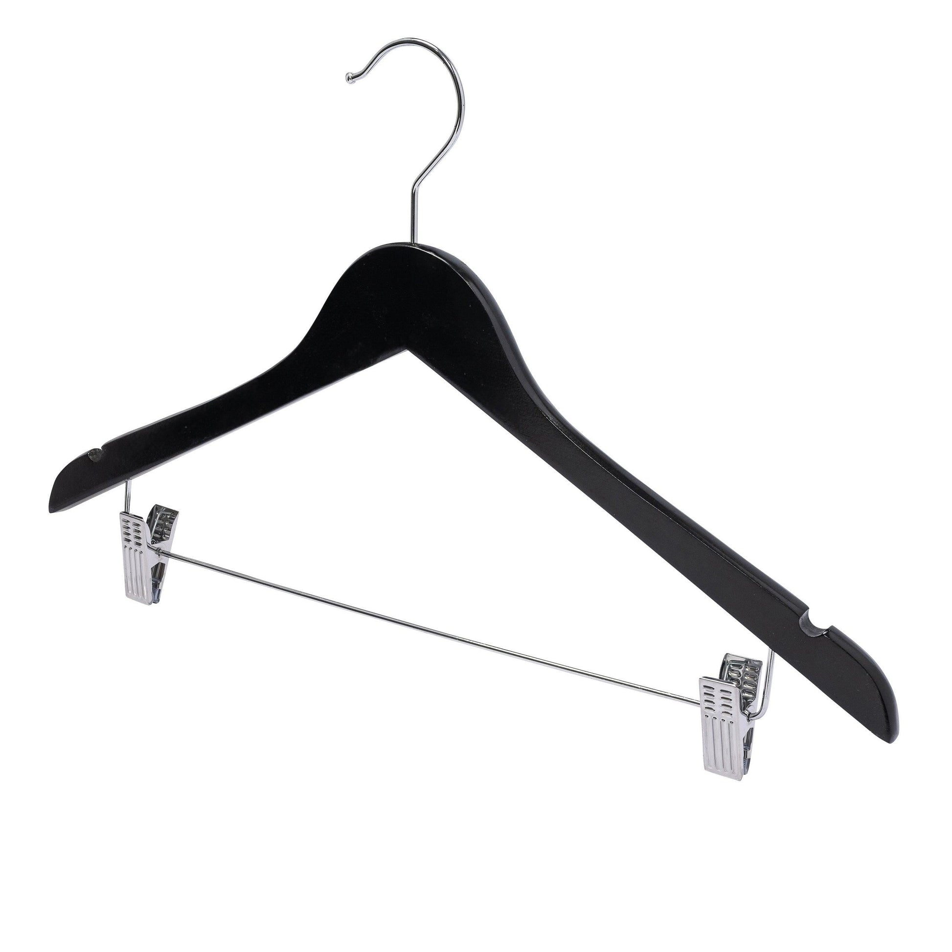 Black Wood Combination Hangers With Clips - 43cm X 12mm Thick (Sold in 25/50/100) - Hangersforless