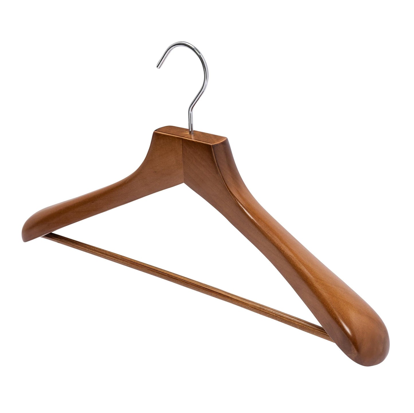 Deluxe Walnut Wooden Coat Hanger w/Non-Slip Bar - 46cm X  50mm Thick (Sold in 2/6/10/20) - Hangersforless