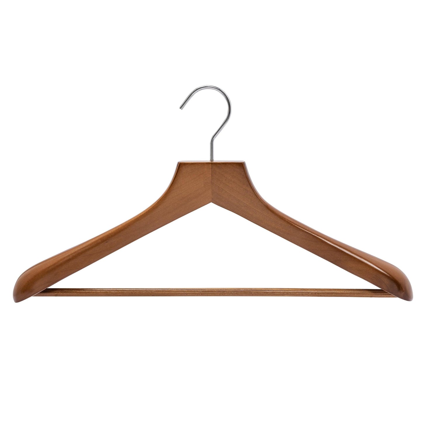 Deluxe Walnut Wooden Coat Hanger w/Non-Slip Bar - 46cm X  50mm Thick (Sold in 2/6/10/20) - Hangersforless