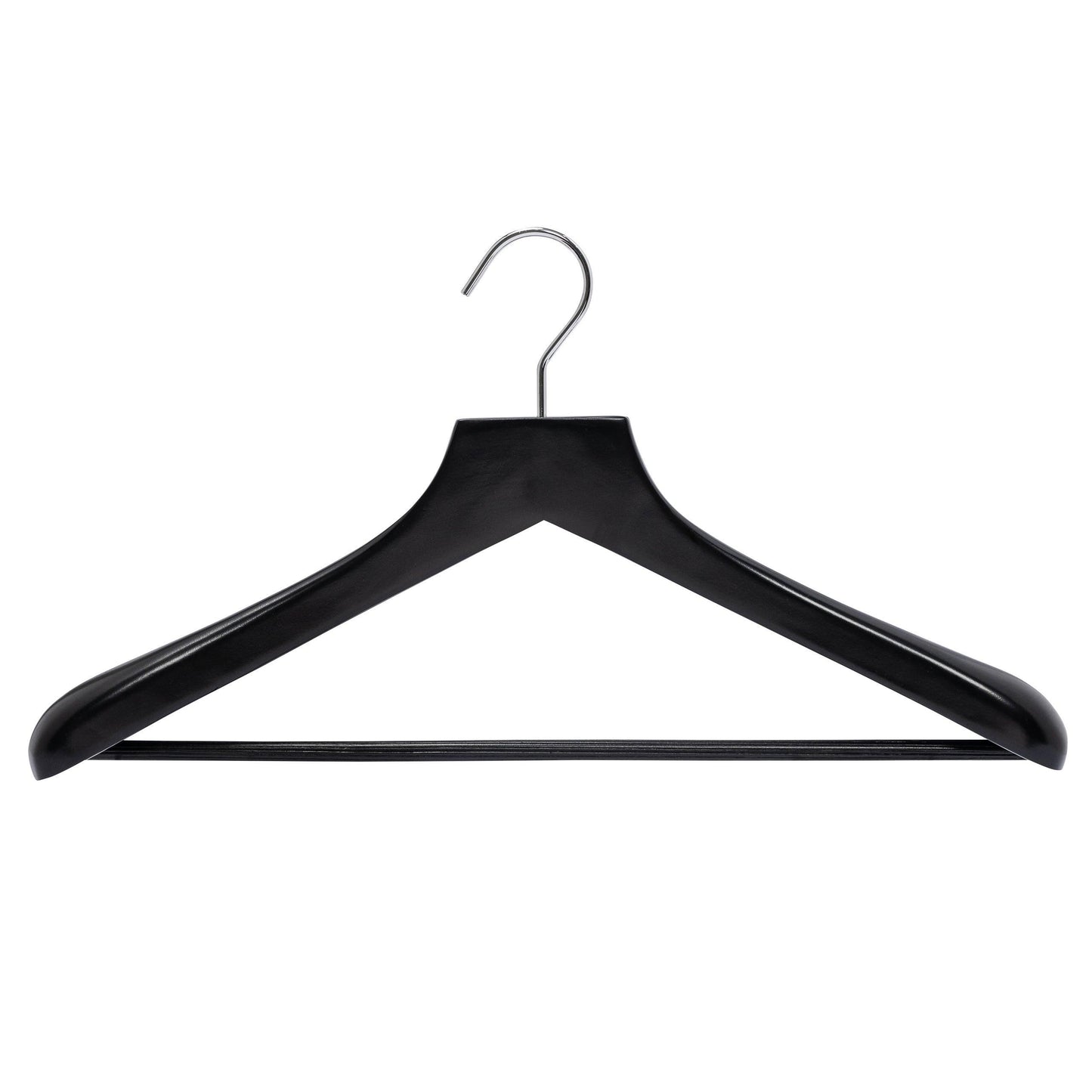 Deluxe Black Wooden Coat Hanger w/Non-Slip Bar - 46cm X 50mm Thick (Sold in 2/6/10/20) - Hangersforless