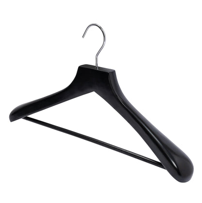 Deluxe Black Wooden Coat Hanger w/Non-Slip Bar - 46cm X 50mm Thick (Sold in 2/6/10/20) - Hangersforless