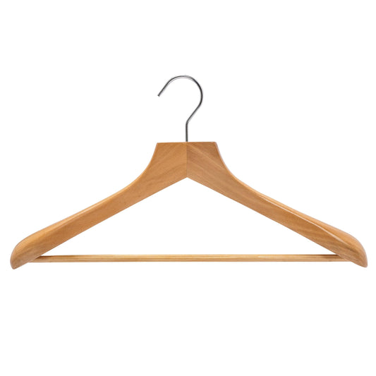 Deluxe Beech Wooden Coat Hanger w/Non-Slip Bar - 46cm X 50mm Thick (Sold in 2/6/10/20) - Hangersforless