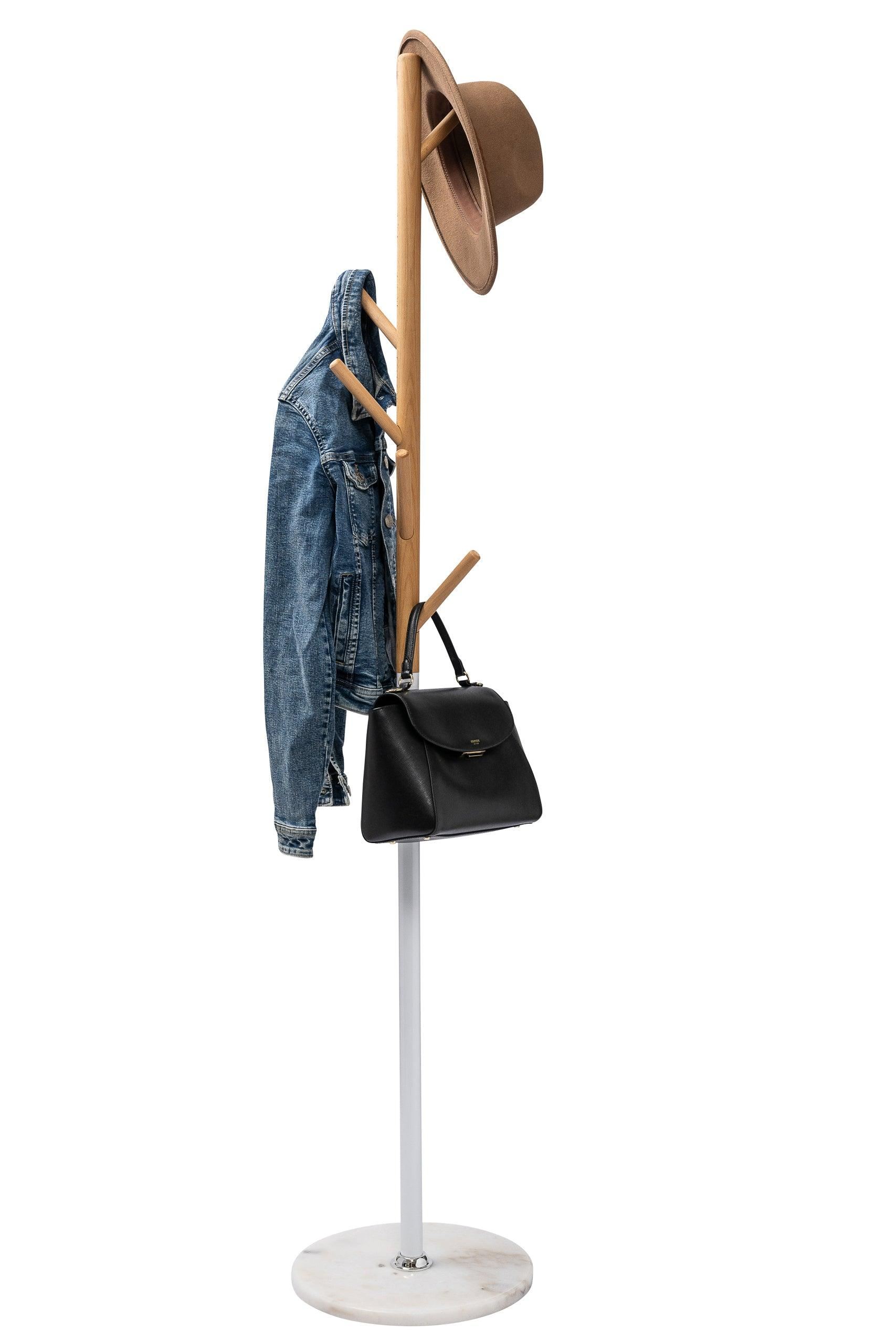 Coat Rack Stand With Heavy Duty White Metal & Solid Beech Wood Pole - Solid Marble Base - Hangersforless