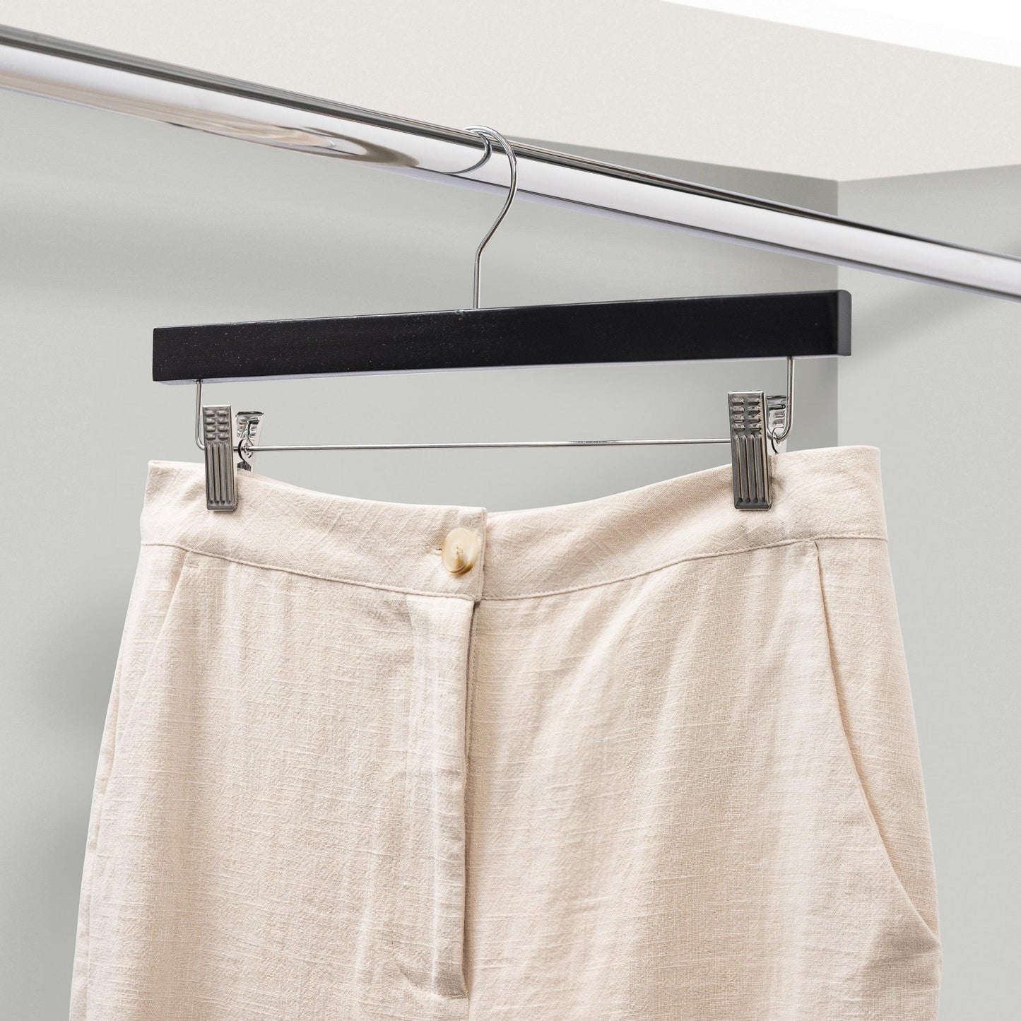 Black Wood Pant Hanger With Clips - 35.5cm X 12mm Thick (Sold in 25/50/100) - Hangersforless