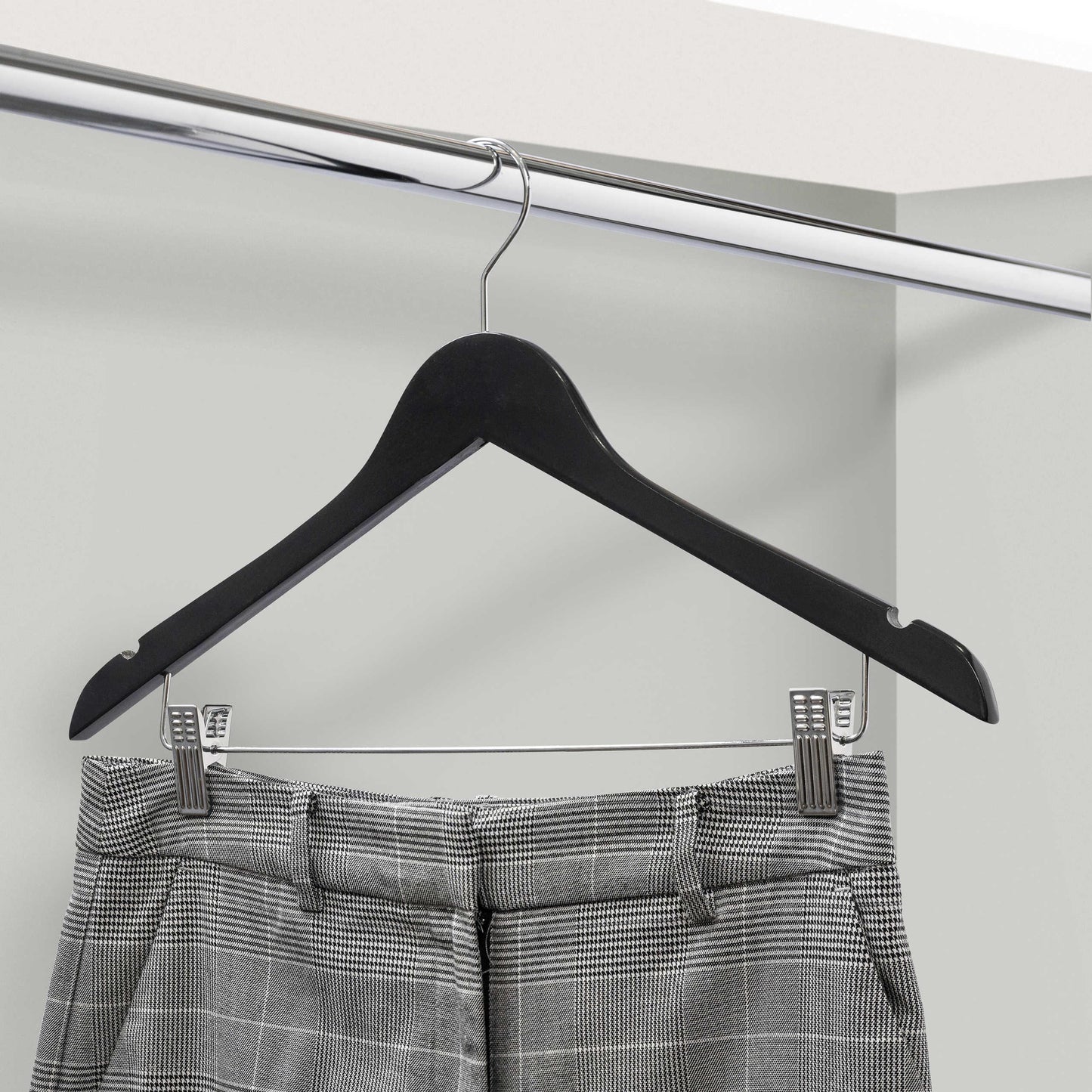 Black Wood Combination Hangers With Clips - 43cm X 12mm Thick (Sold in 25/50/100) - Hangersforless