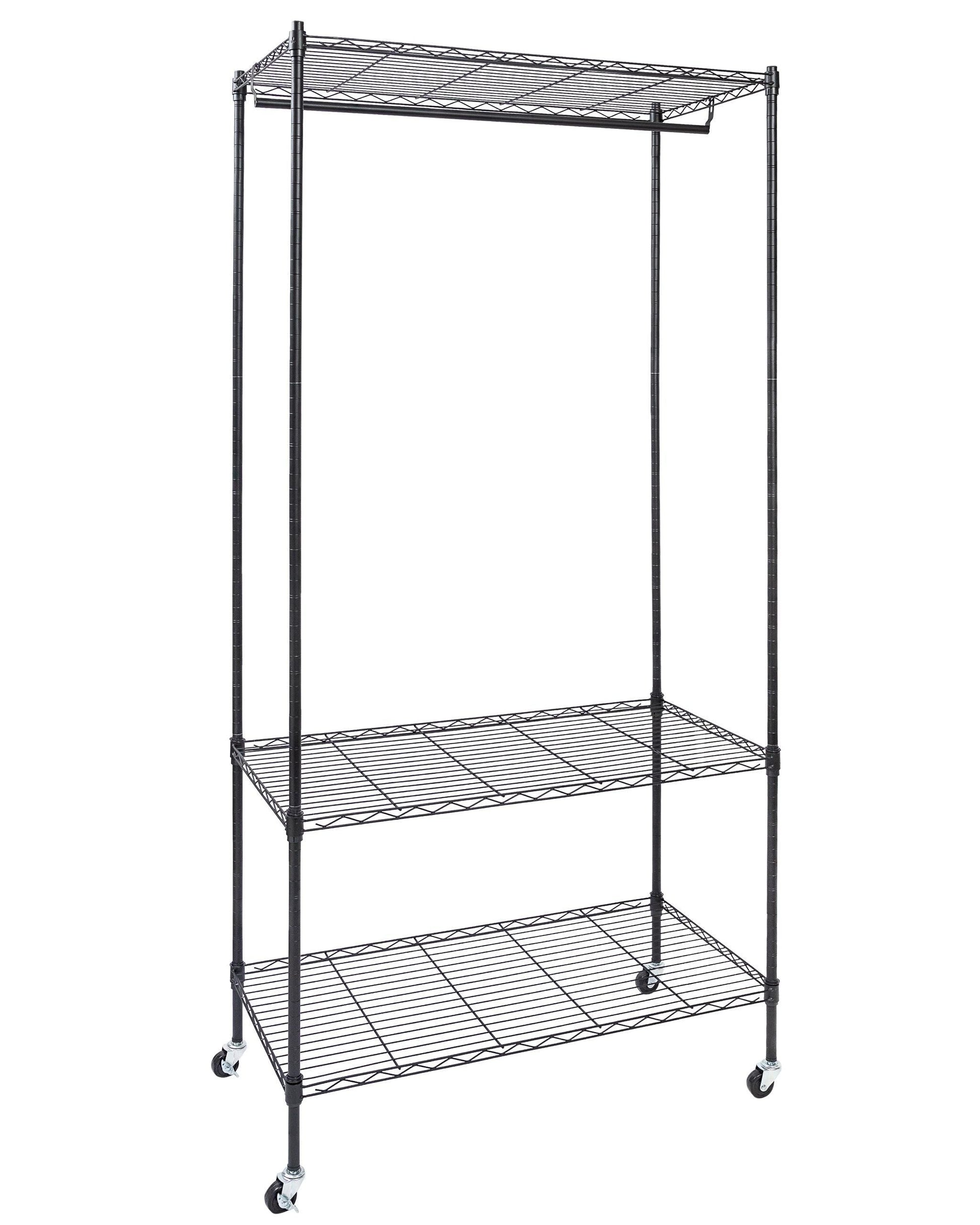 Heavy Duty Matte Black Metal Garment Rack With Shelves & Removable Wheels - Hold 50kgs Each Shelve - Hangersforless