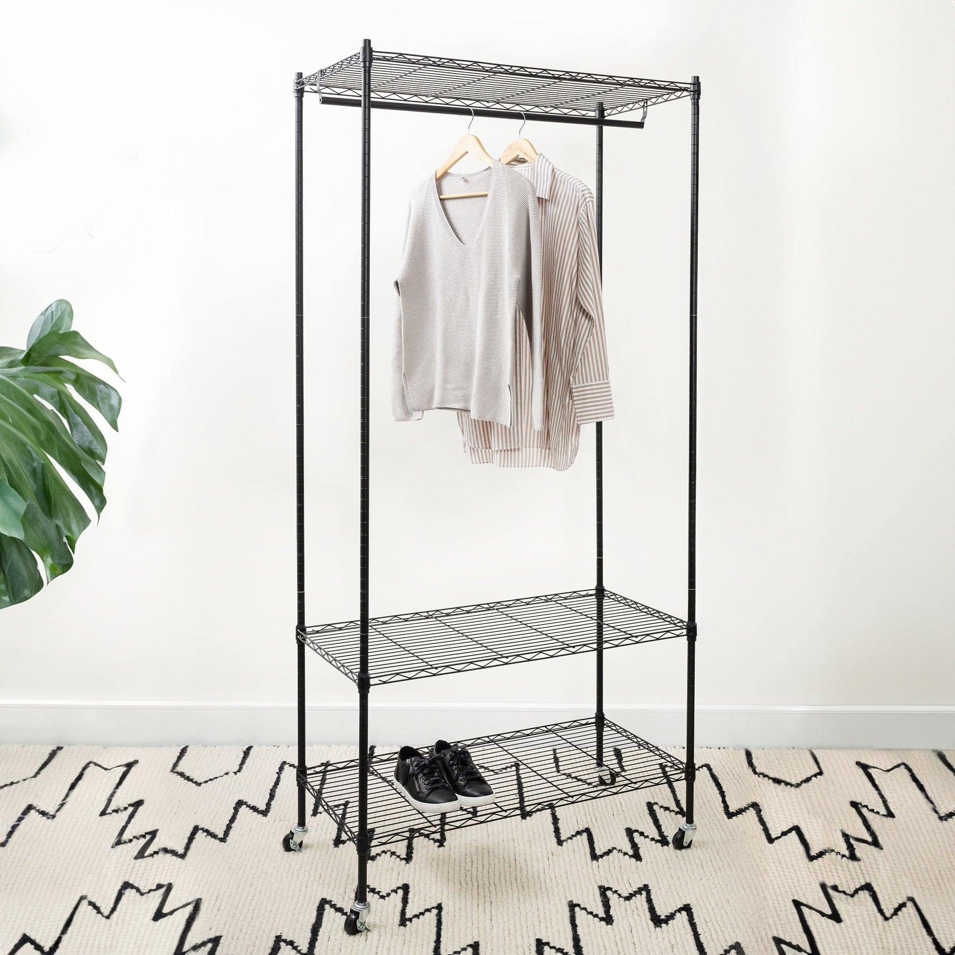 Heavy Duty Matte Black Metal Garment Rack With Shelves & Removable Wheels - Hold 50kgs Each Shelve - Hangersforless