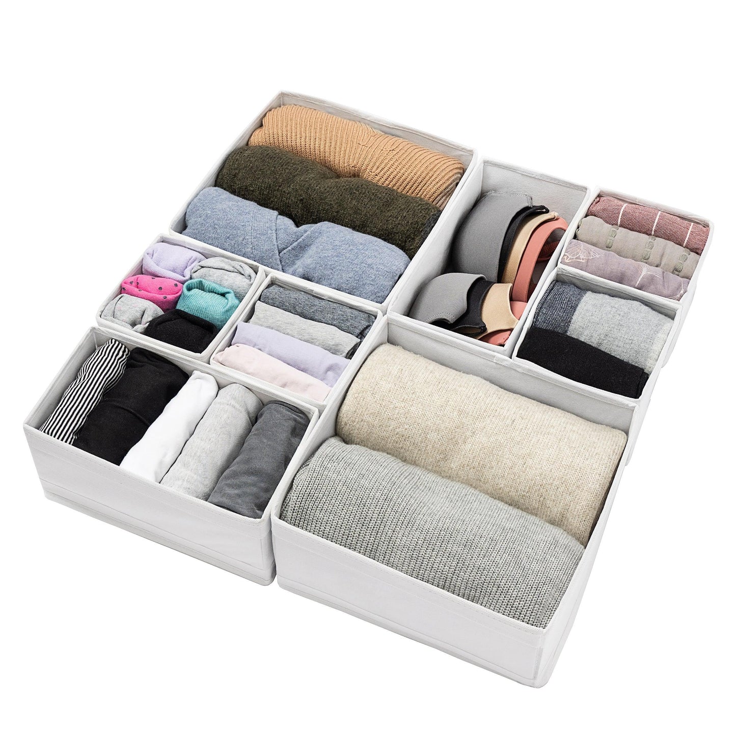 8 Units White Non Woven Fabric Drawer Storage Boxes Enhanced Thick Layers - Easy Fordable with Zipper - Hangersforless