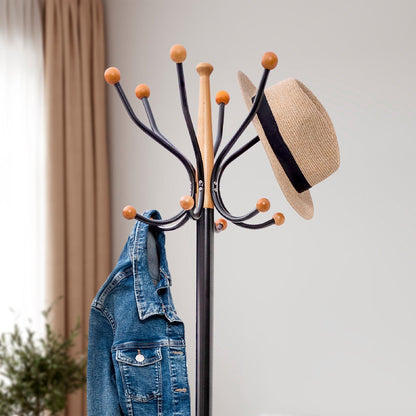 Coat Rack Stand With Heavy Duty Black Metal & Beech Wood Ball  - Solid Marble Base