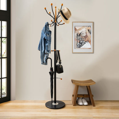 Coat Rack Stand With Heavy Duty Black Metal & Beech Wood Ball  - Solid Marble Base