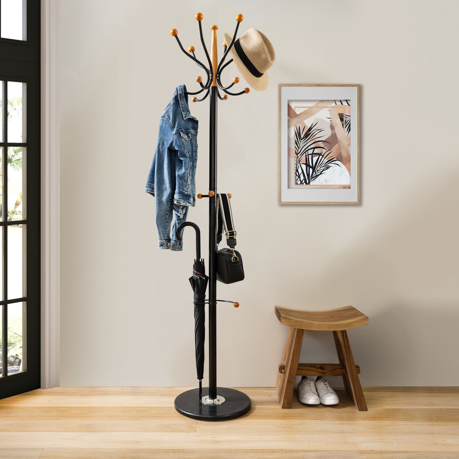 Coat Rack Stand With Heavy Duty Black Metal & Beech Wood Ball - Solid Marble Base - Hangersforless