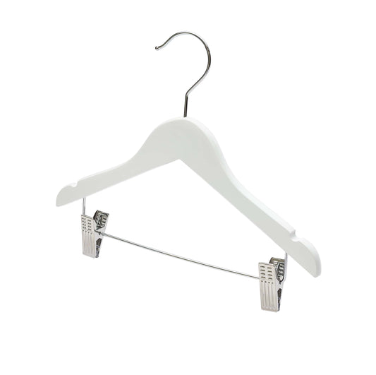 30.5cm Kid Size White Wood Hanger With Clips (Sold in Bundles of 25/50/100)