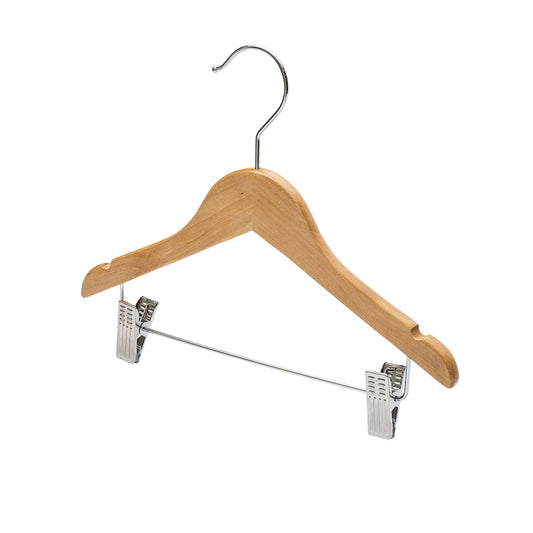 30.5cm Kid Size Natural Wood Hanger With Clips (Sold in Bundles of 25/50/100) - Hangersforless