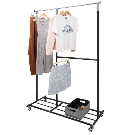 Matte Black Metal Clothes Rack With -100kgs Weight Capacity - Heavy Duty Large Rubber Casters - Hangersforless