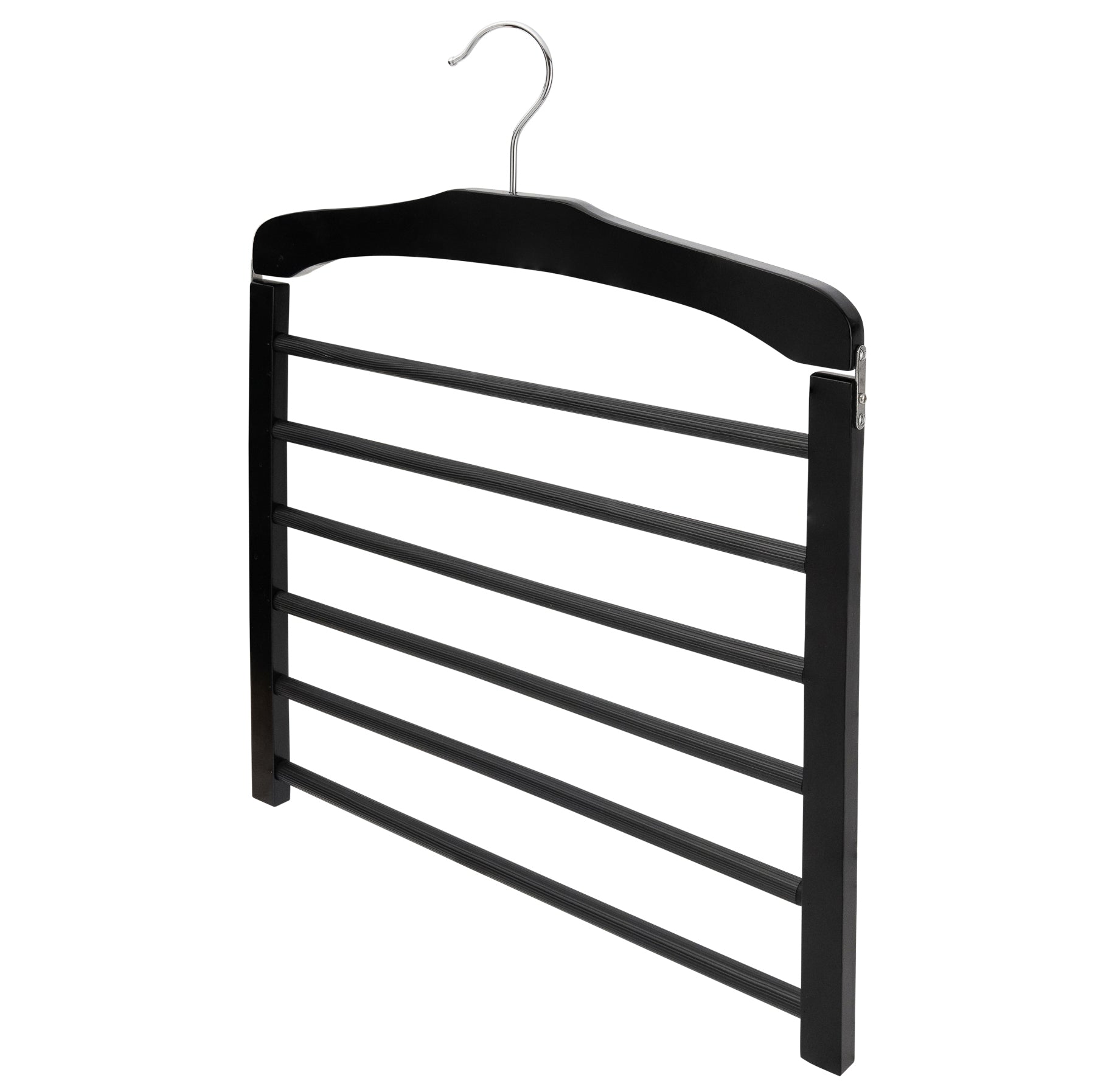 Black multi-bar clothes hanger with six horizontal rods and a silver metal hook