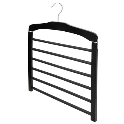 Black multi-bar clothes hanger with six horizontal rods and a silver metal hook
