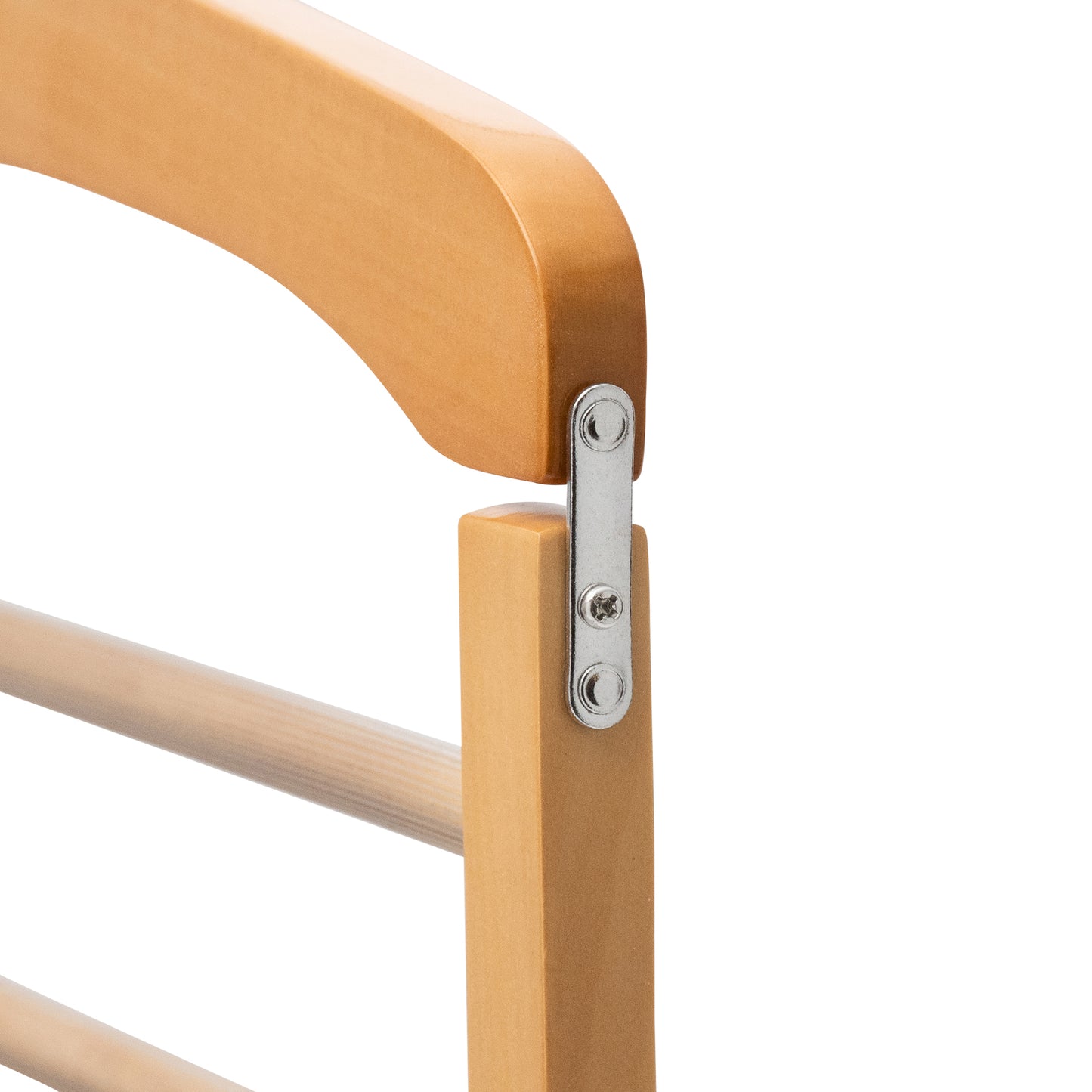 Close-up of a wooden chair arm with metal bracket on a white background