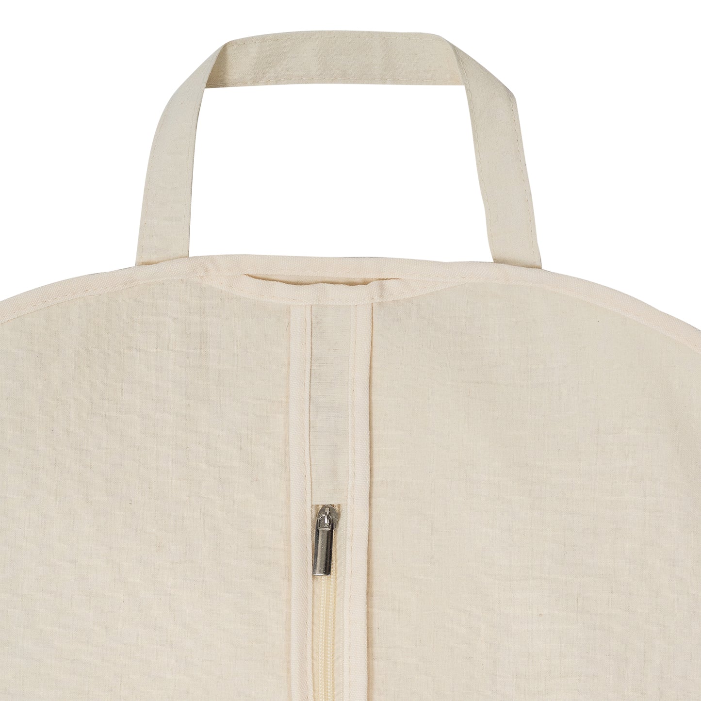 Close-up of a beige bag with a zipper and handle on a white background