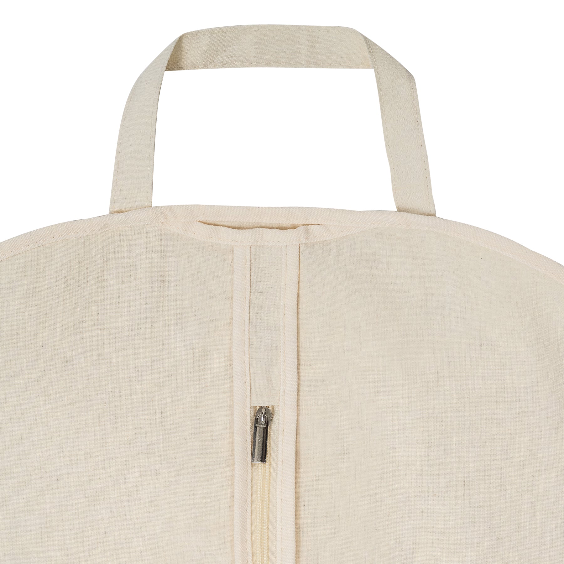 Close-up of a beige bag with a zipper and handle on a white background