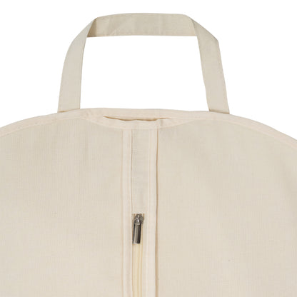 Close-up of a beige bag with a zipper and handle on a white background