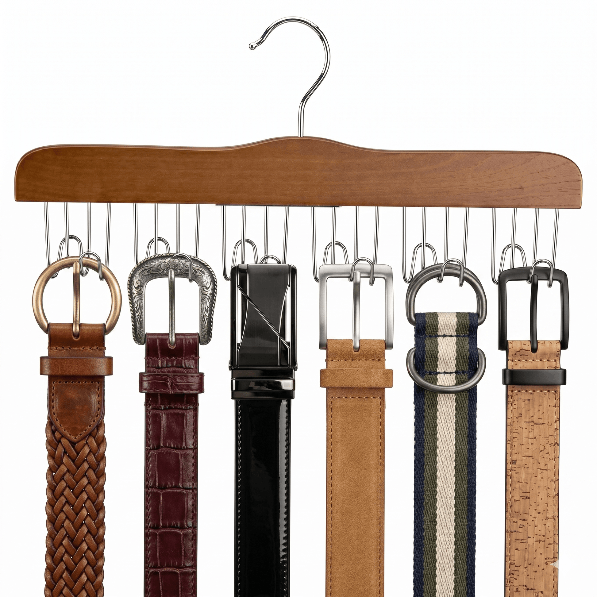 Set of six belts on a wooden hanger with various designs and colors.