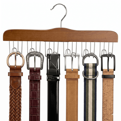 Set of six belts on a wooden hanger with various designs and colors.