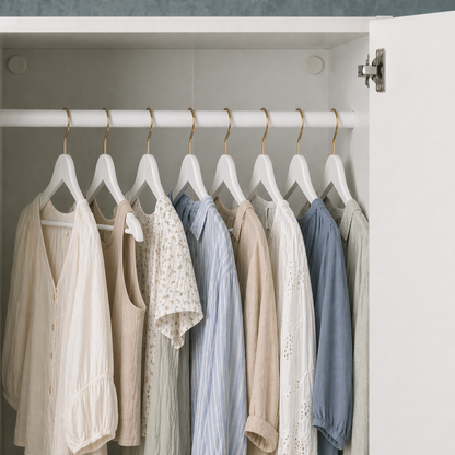 Clothing items on hangers inside a white wardrobe with a neutral color scheme.