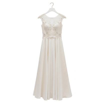 White lace dress on a hanger against a white background