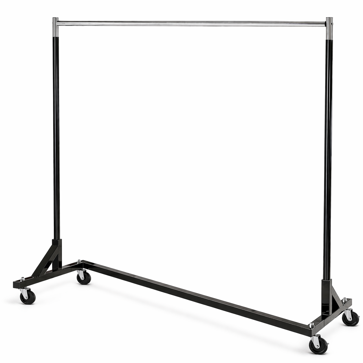 Black garment rack with wheels on a white background