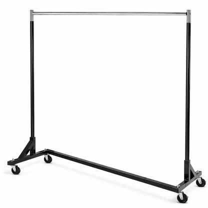 Black garment rack with wheels on a white background