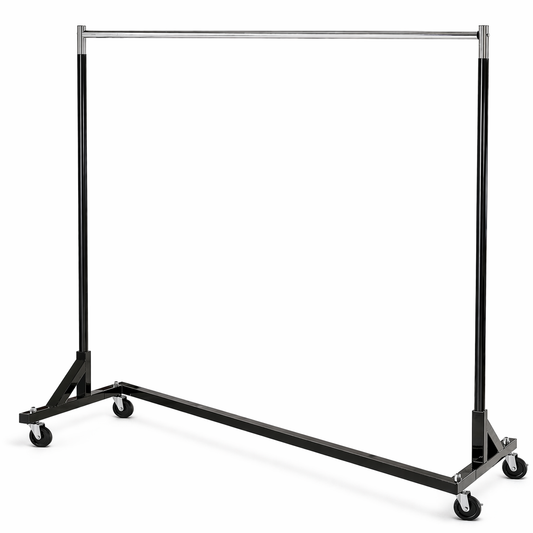 Black garment rack with wheels on a white background
