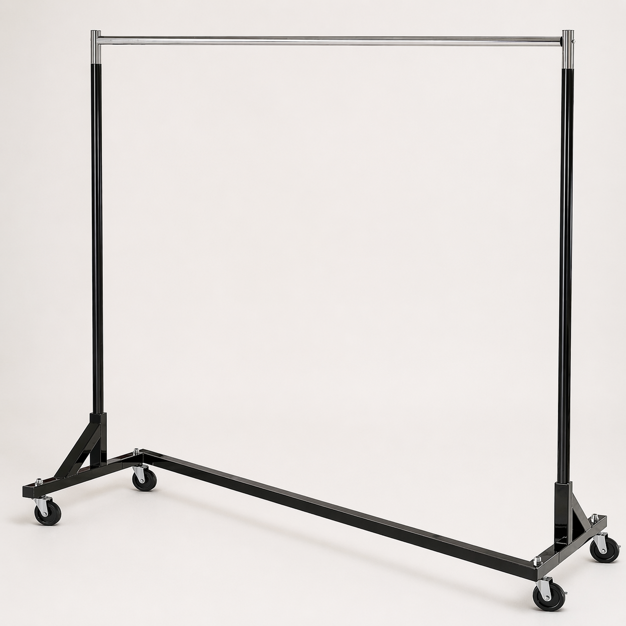 Black garment rack with wheels on a white background