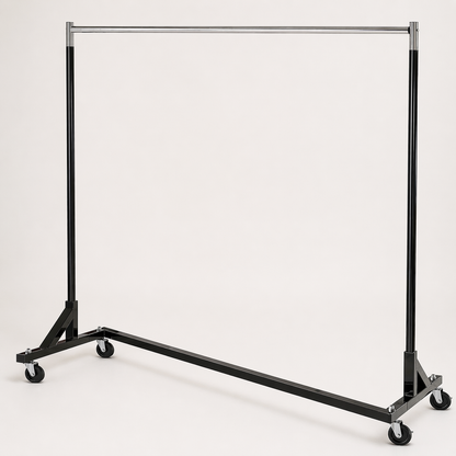 Black garment rack with wheels on a white background
