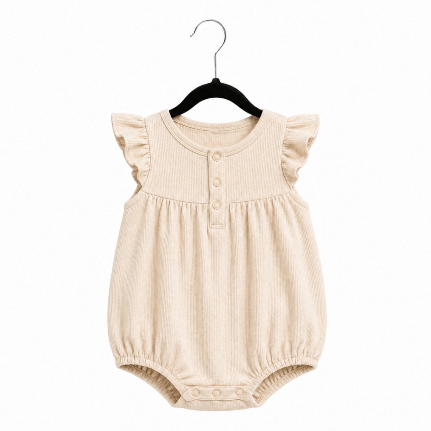 Beige baby romper with ruffled sleeves on a hanger against a white background