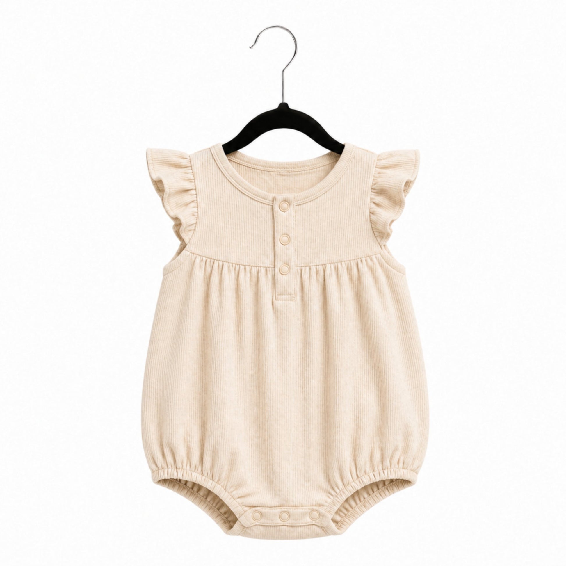 Beige baby romper with ruffled sleeves on a hanger against a white background