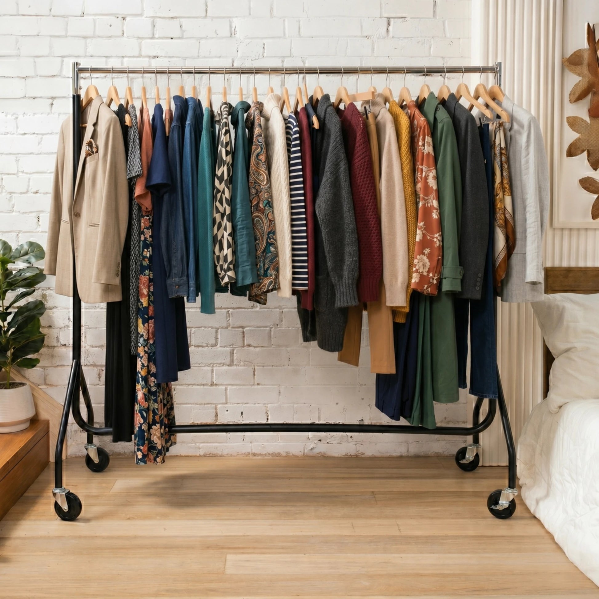 Matte Black Metal Clothes Rack With a Chrome Rail Loaded with many garments