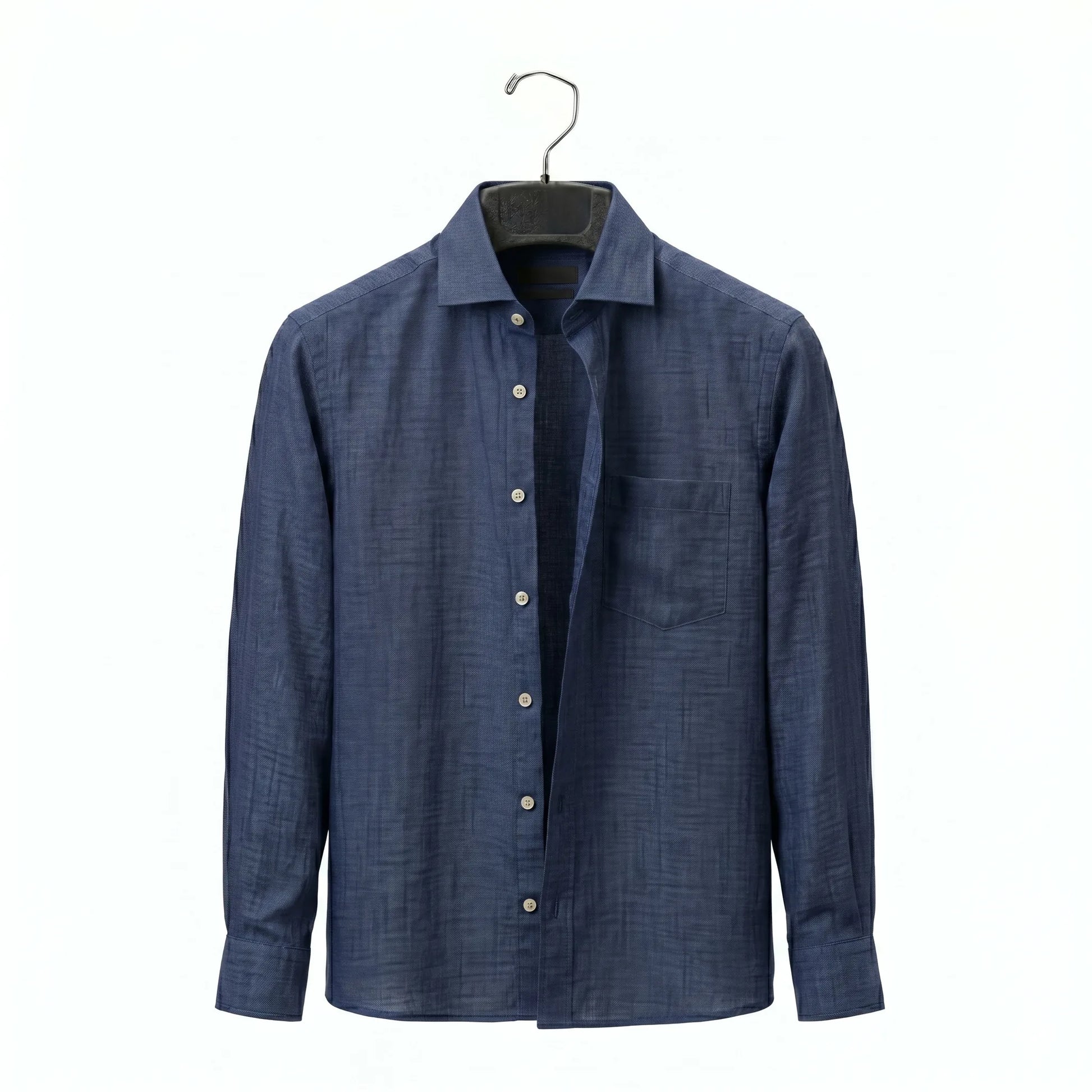 Blue shirt on a hanger against a white background