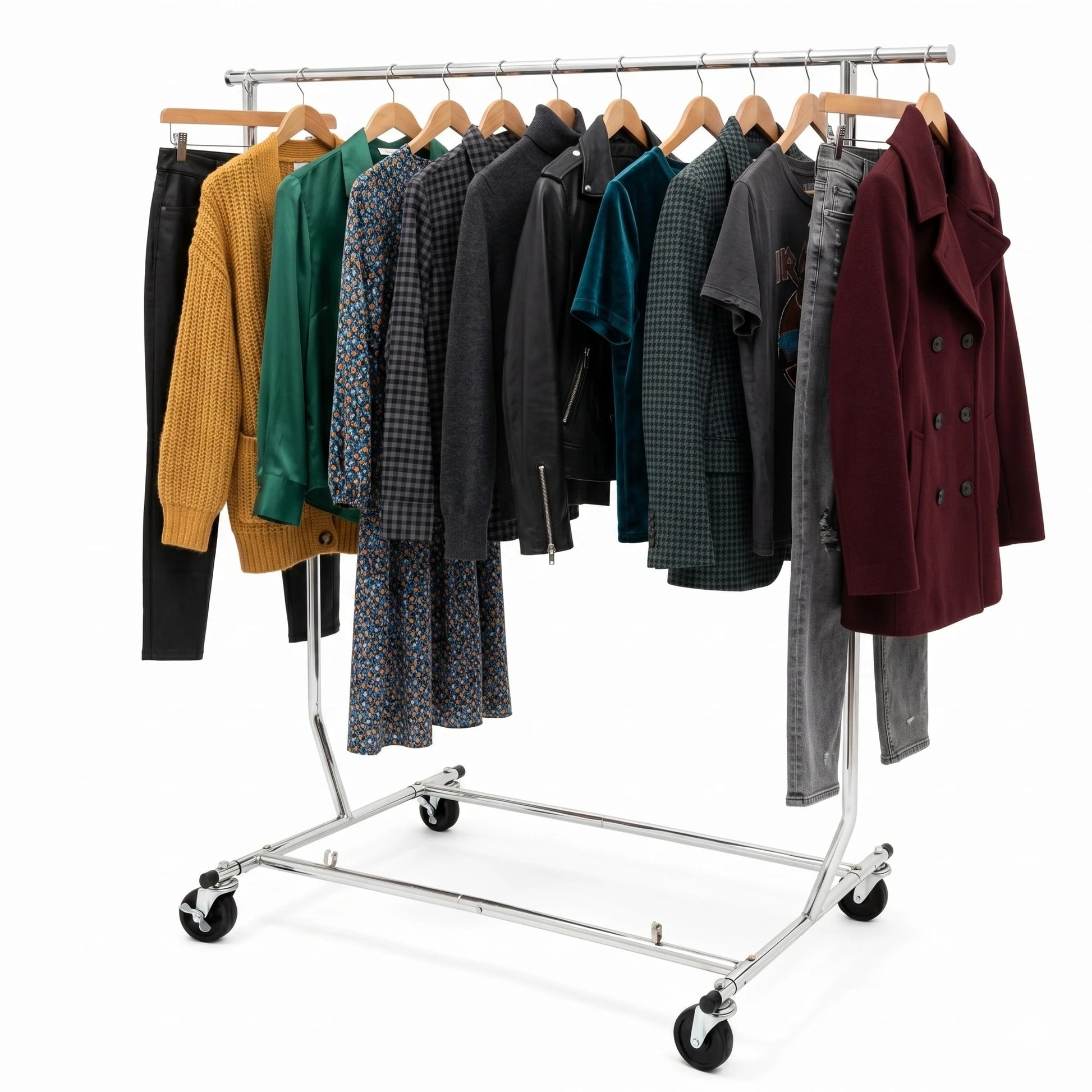 Chrome Metal Clothes Rack With different styles clothes on