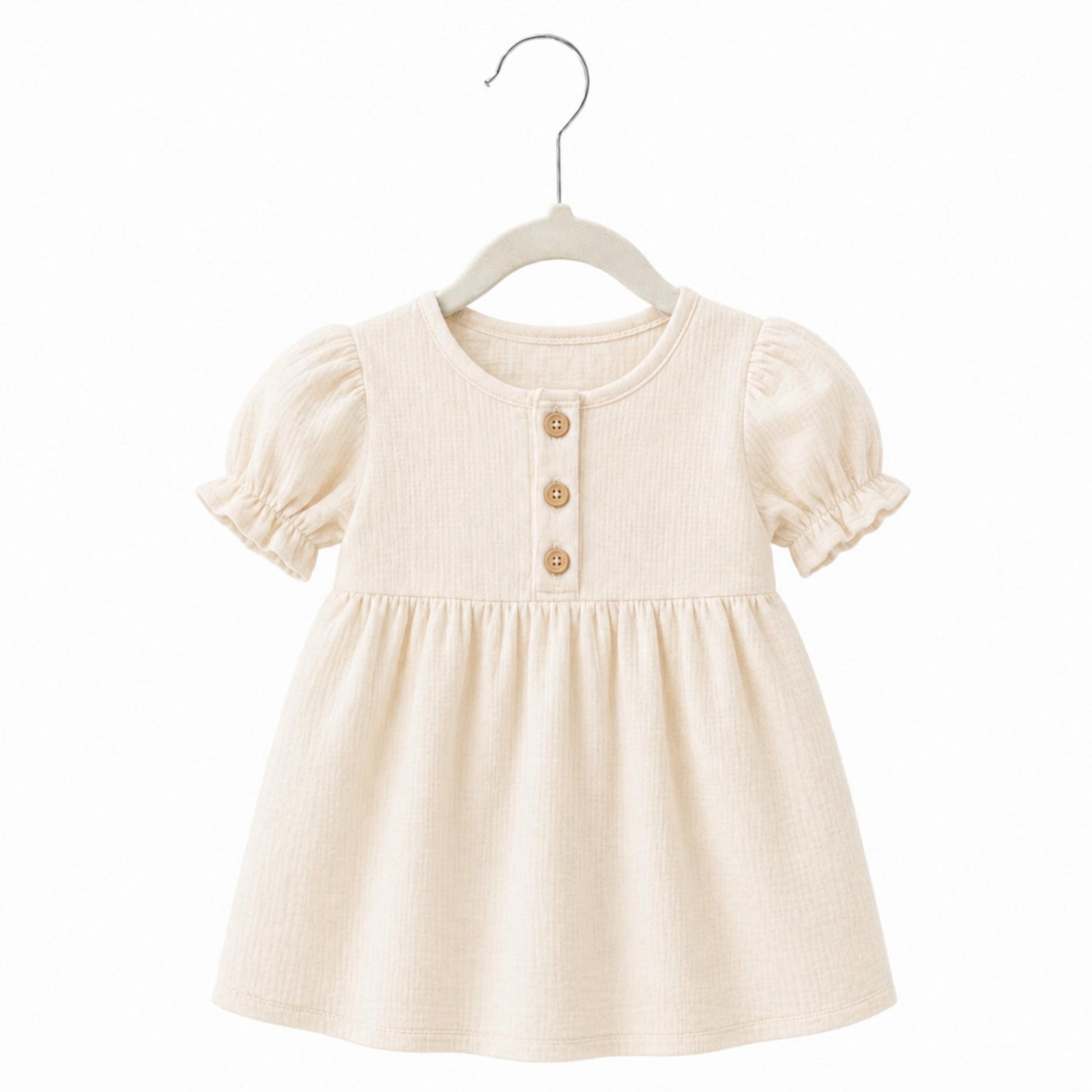 Beige baby dress on a hanger against a white background