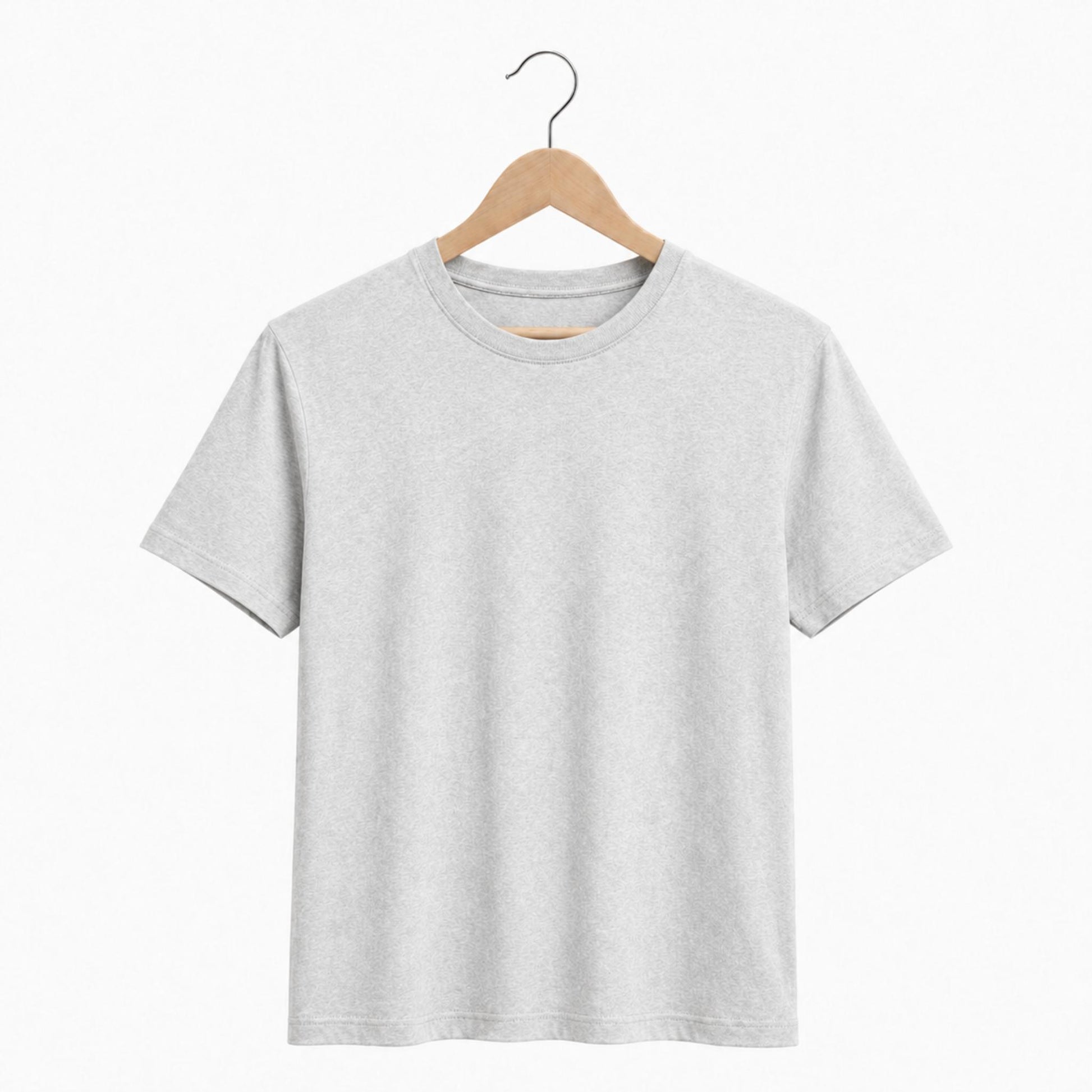 Gray t-shirt on a wooden hanger against a white background