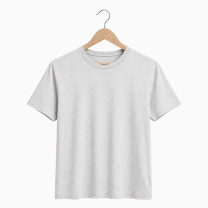 Gray t-shirt on a wooden hanger against a white background