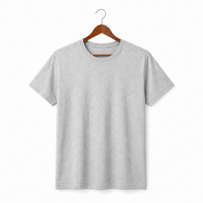 Gray t-shirt on a wooden hanger against a white background